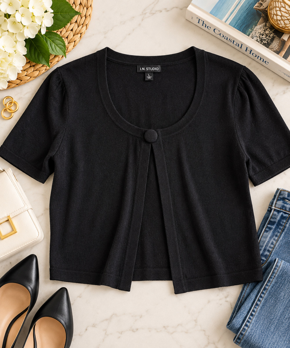 I.N. Studio Black Cardigan Large Single Button Scoop Neck Short Sleeve